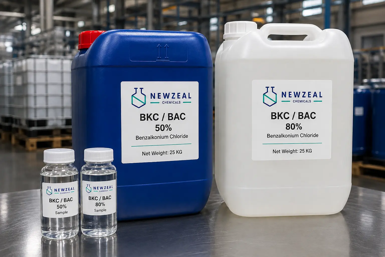 Benzalkonium Chloride (BKC/BAC) 50% and 80% supplied in industrial HDPE drums with laboratory sample bottles for water treatment and disinfection applications.