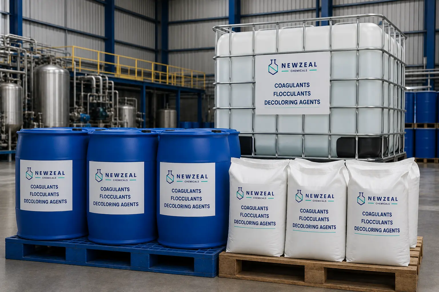NewZeal Chemicals coagulants, flocculants, and decoloring agents in bulk IBC containers, HDPE drums, and jerry cans for industrial and wastewater treatment applications.