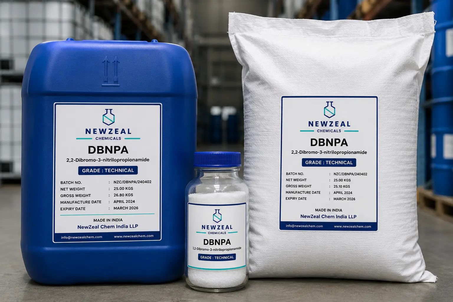 DBNPA biocide in industrial drums, bags, and laboratory sample bottles for water treatment applications.