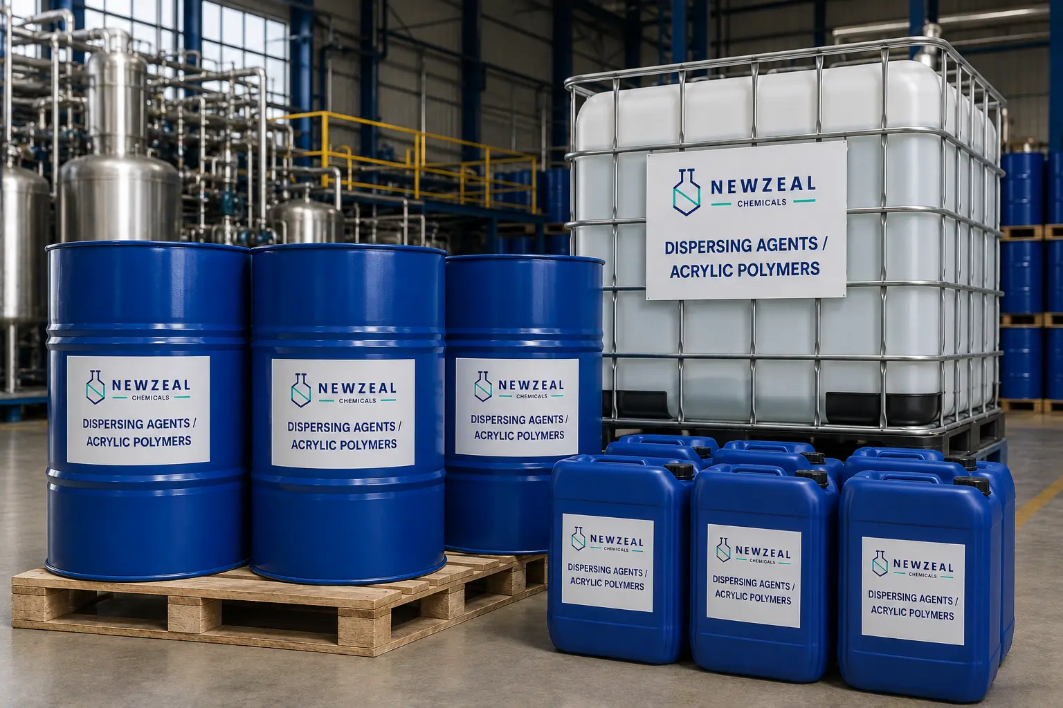 NewZeal Chemicals dispersing agents and acrylic polymers in bulk IBC containers, HDPE drums, and jerry cans for industrial water treatment and process applications.