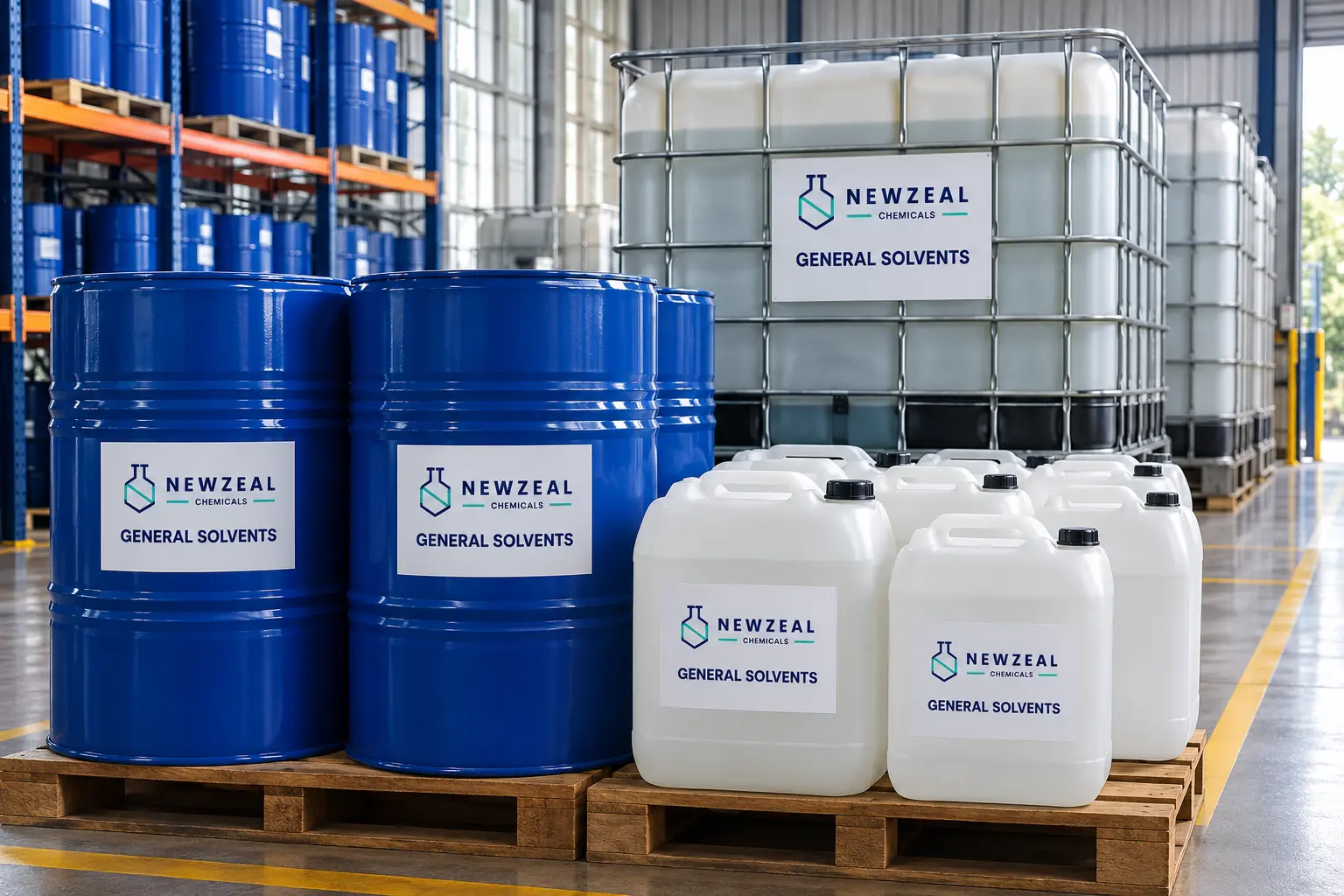 NewZeal Chemicals general solvents in bulk IBC containers, HDPE drums, and jerry cans for industrial manufacturing and chemical processing applications.