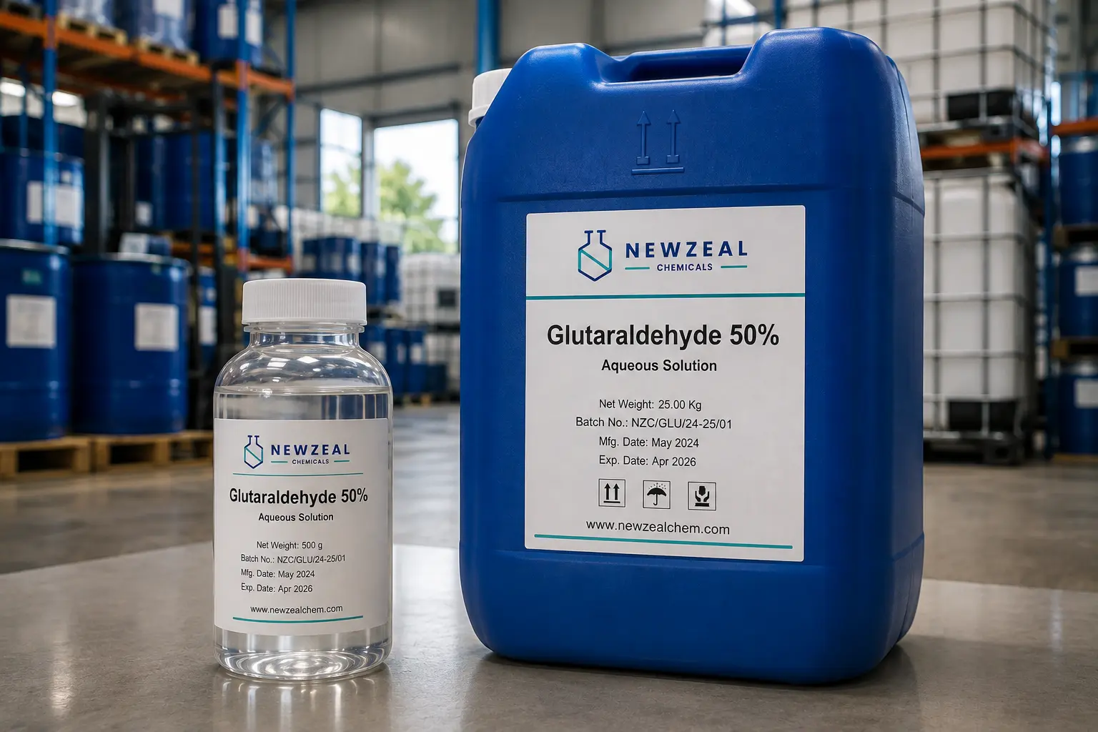 Glutaraldehyde 50% aqueous solution in industrial drums with laboratory sample bottle for disinfection and industrial use.