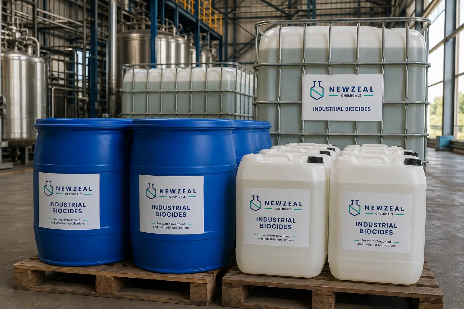 NewZeal Chemicals industrial biocides in bulk IBC containers, HDPE drums, and jerry cans for water treatment and industrial applications.