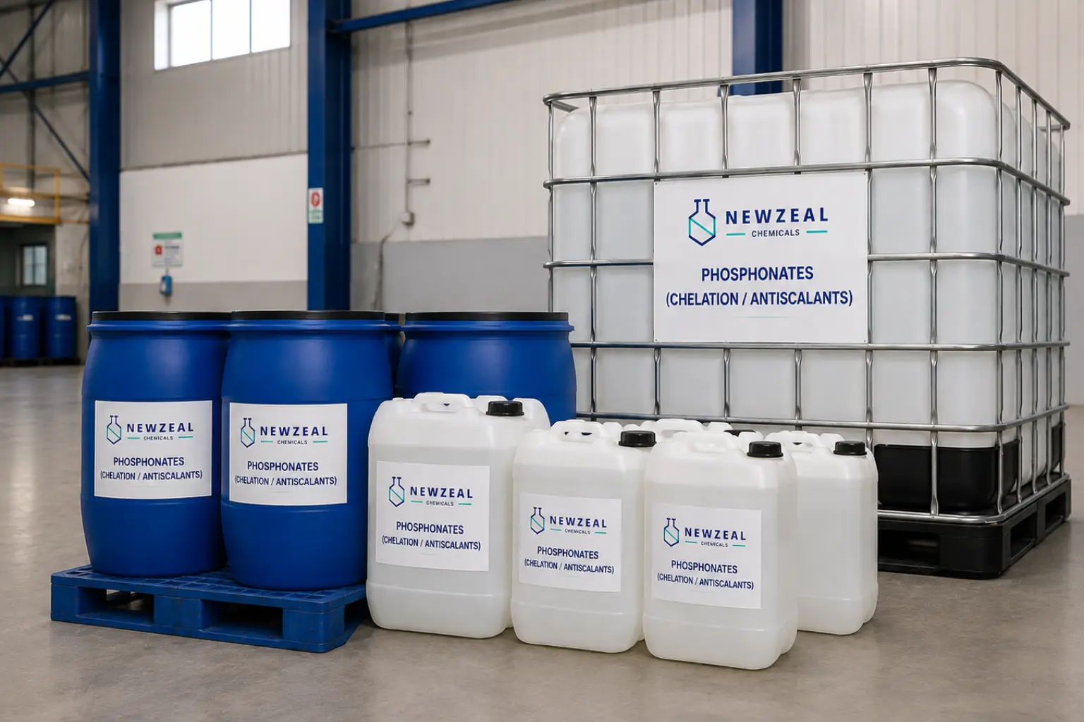 NewZeal Chemicals phosphonates, chelating agents, and antiscalants in bulk IBC containers, HDPE drums, and jerry cans for industrial water treatment applications.