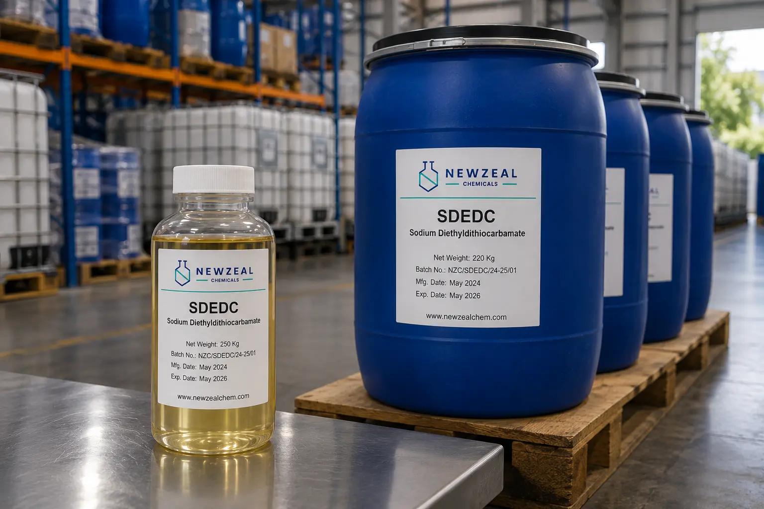 Sodium Diethyl Dithiocarbamate (SDEDC) in industrial drum packaging with laboratory sample bottle for specialty chemical applications.
