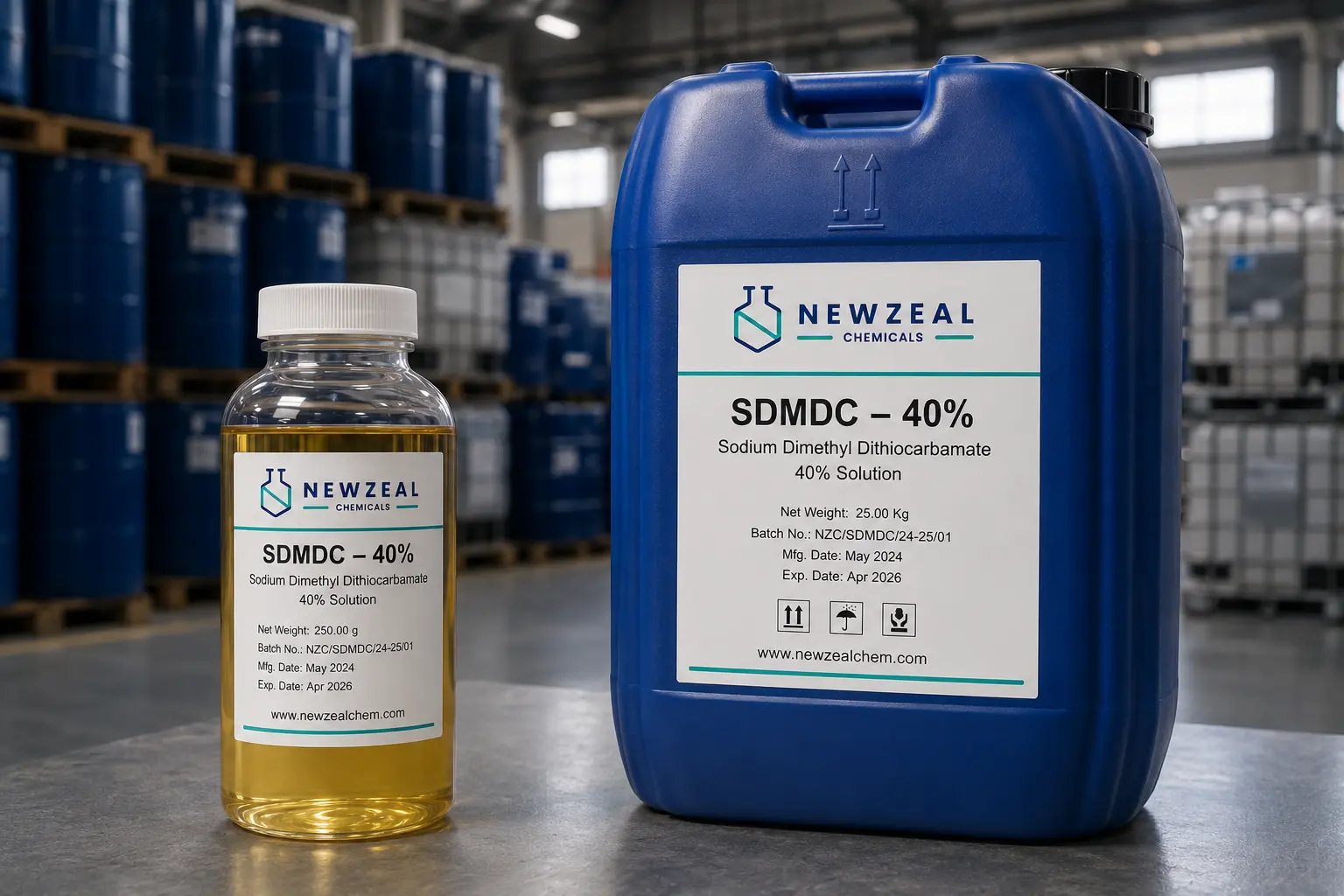 Sodium Dimethyl Dithiocarbamate (SDMDC 40%) packaged in industrial drums with laboratory sample bottle for water treatment and mining industries.