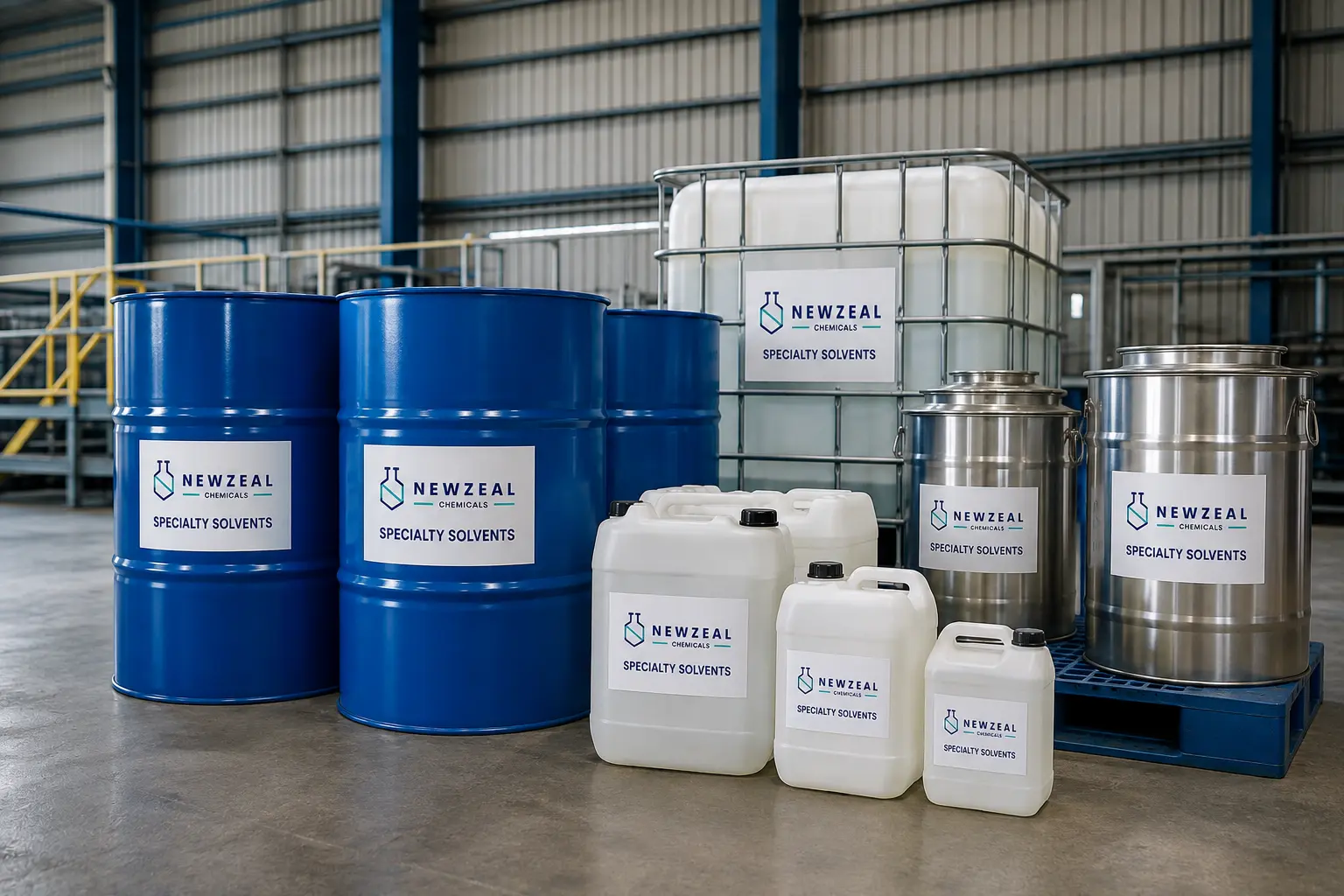NewZeal Chemicals specialty solvents in bulk IBC containers, HDPE drums, and jerry cans for industrial manufacturing and chemical processing applications.