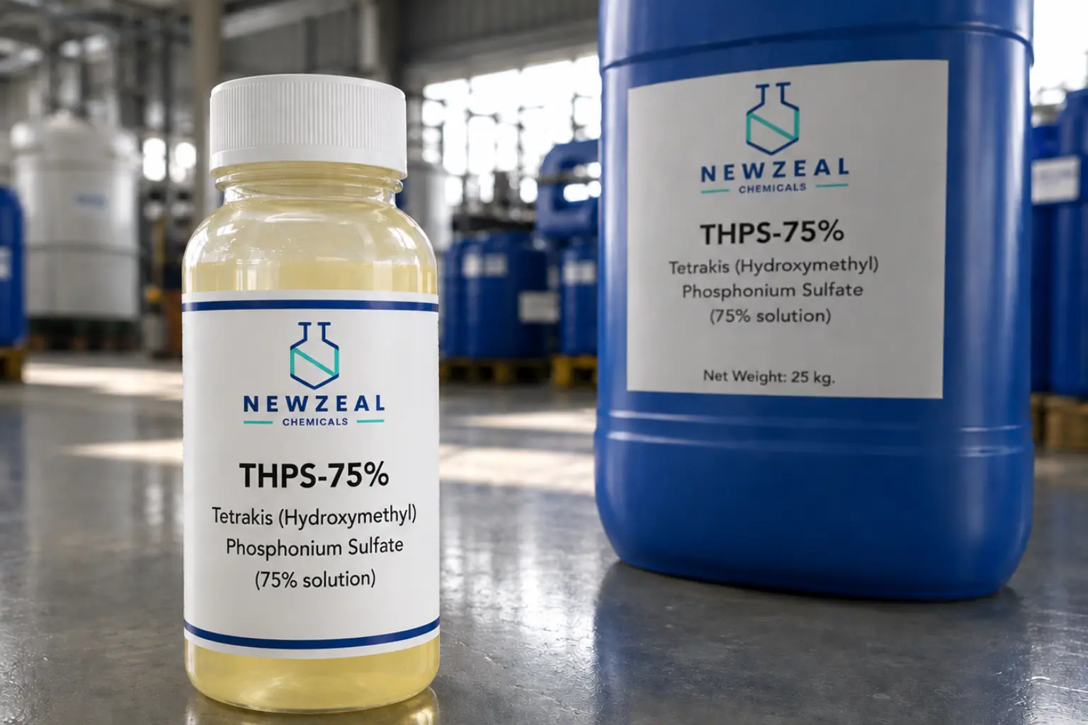 THPS 75% solution supplied in industrial drums with laboratory sample bottle for oilfield and water treatment applications.